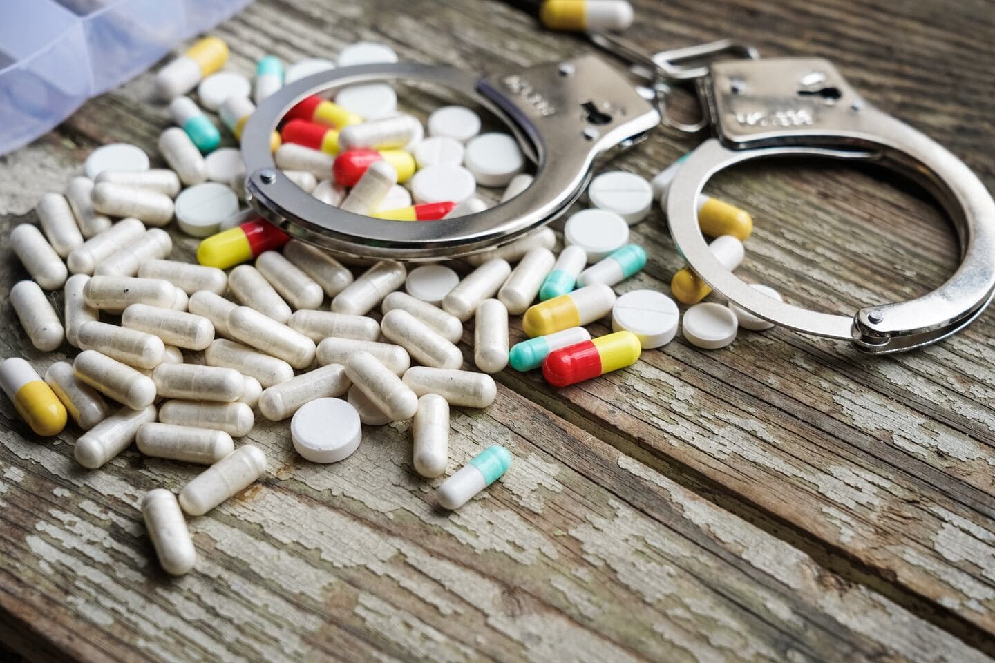 an assortment of pills lie on a wooden table with a pair of handcuffs on top